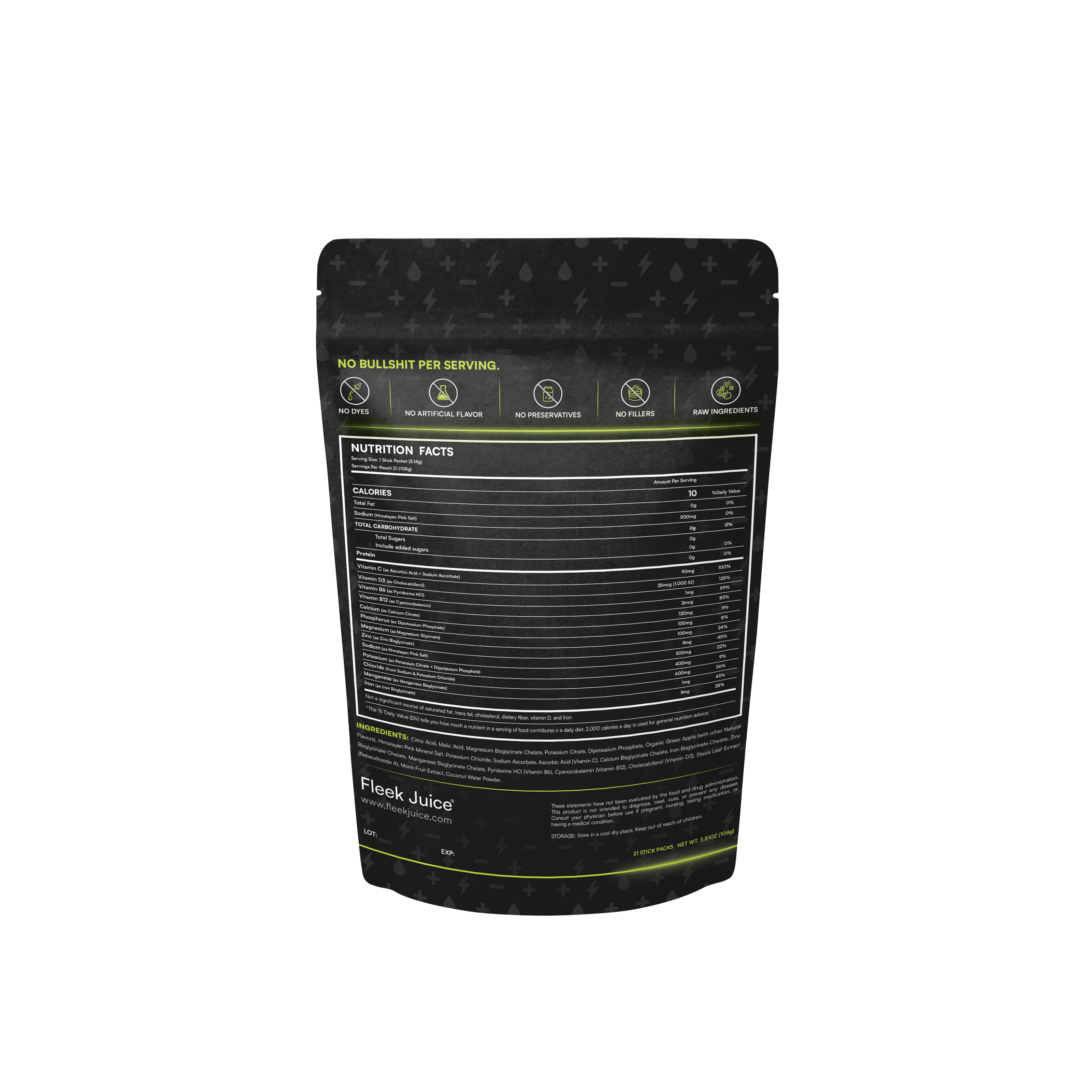 Back of a supplement pouch showing nutrition facts and ingredients list on black packaging