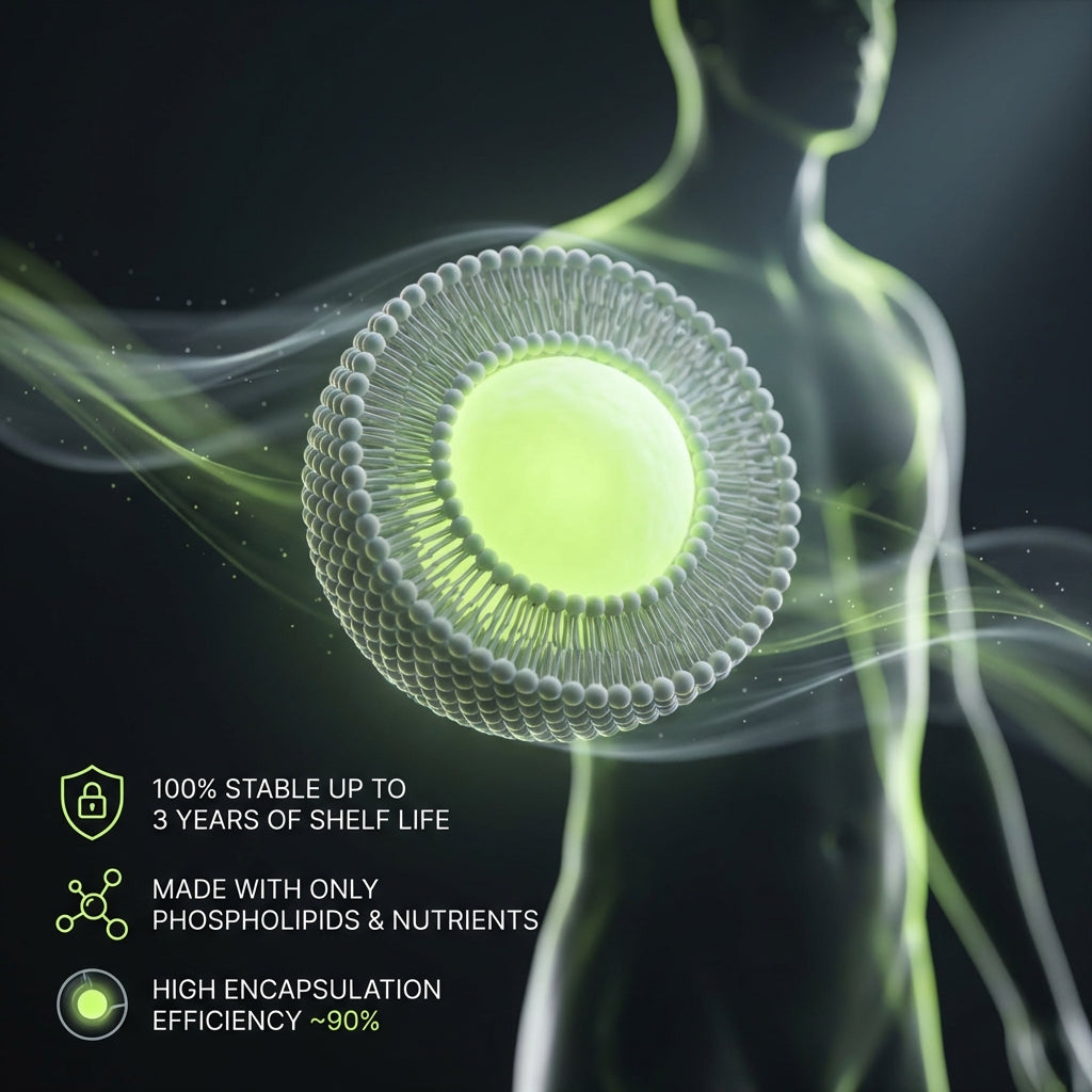 3D liposome structure near a human figure with features: shelf life, nutrients, efficiency