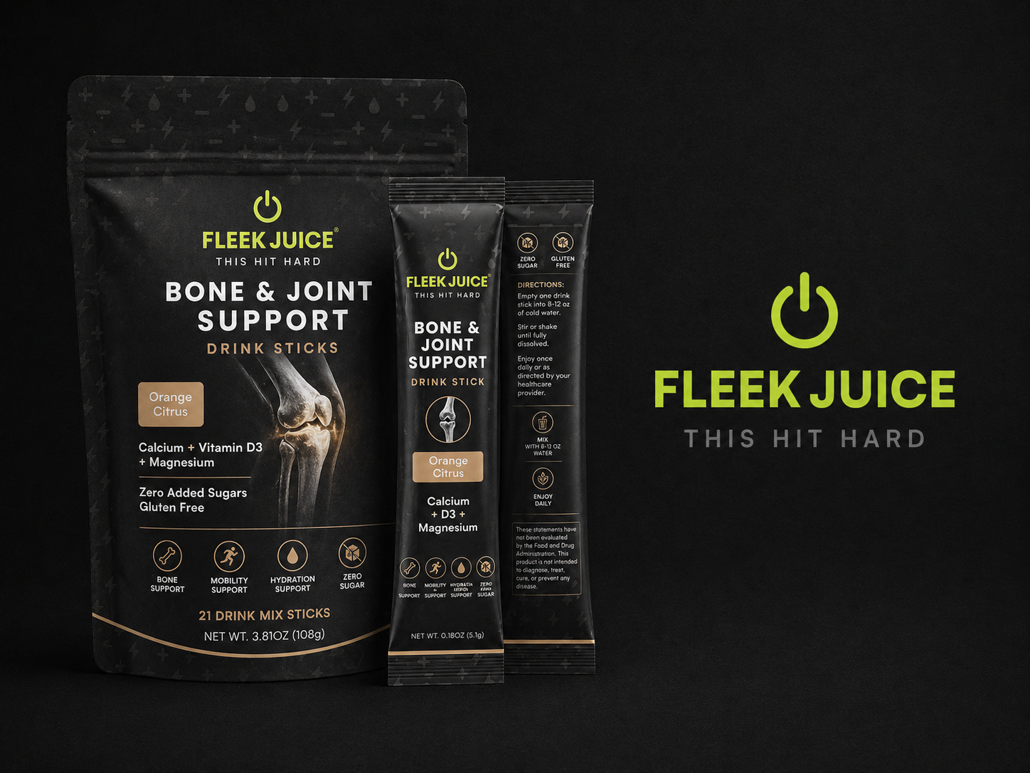 Bone and joint support supplement drink sticks with orange citrus flavor, calcium, vitamin D3, and magnesium packaging on black background.