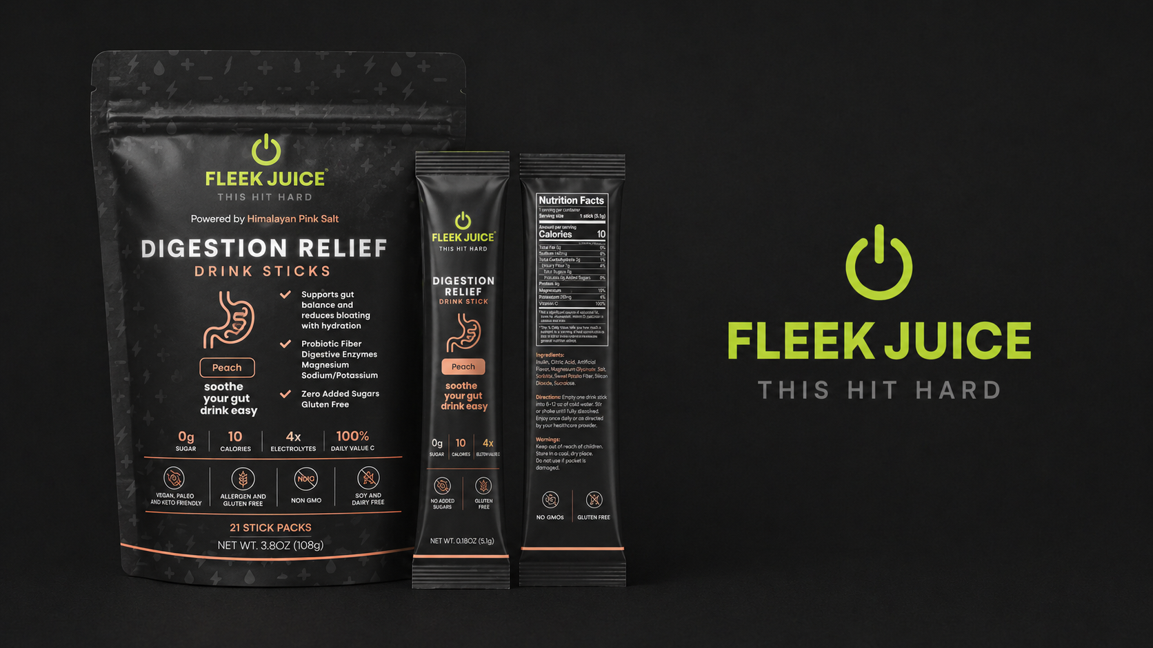 Digestion relief drink sticks peach flavor, gut health supplement packaging on black background
