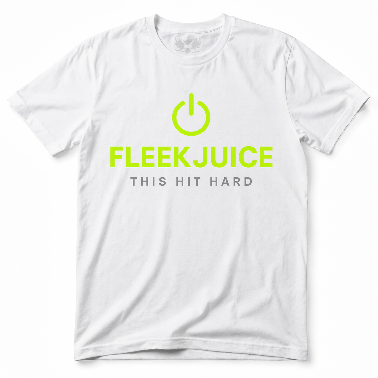 White t-shirt with neon green power symbol and FLEEKJUICE This Hit Hard text print
