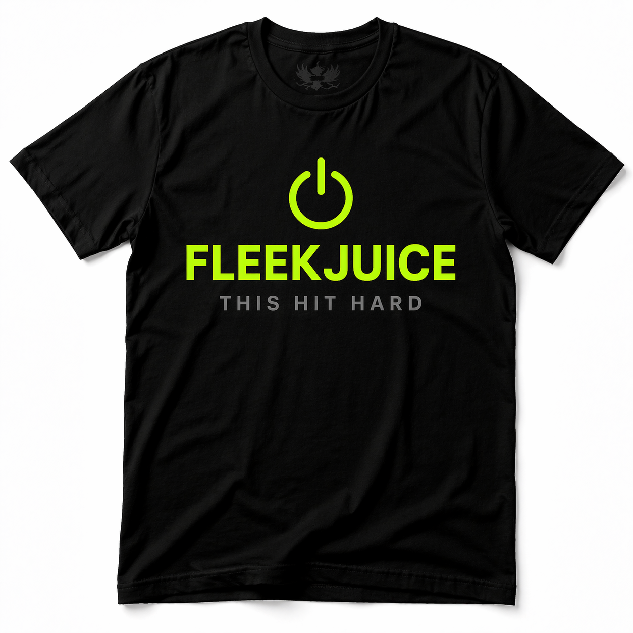 Black t-shirt with neon green power symbol and FLEEKJUICE This Hit Hard text on front