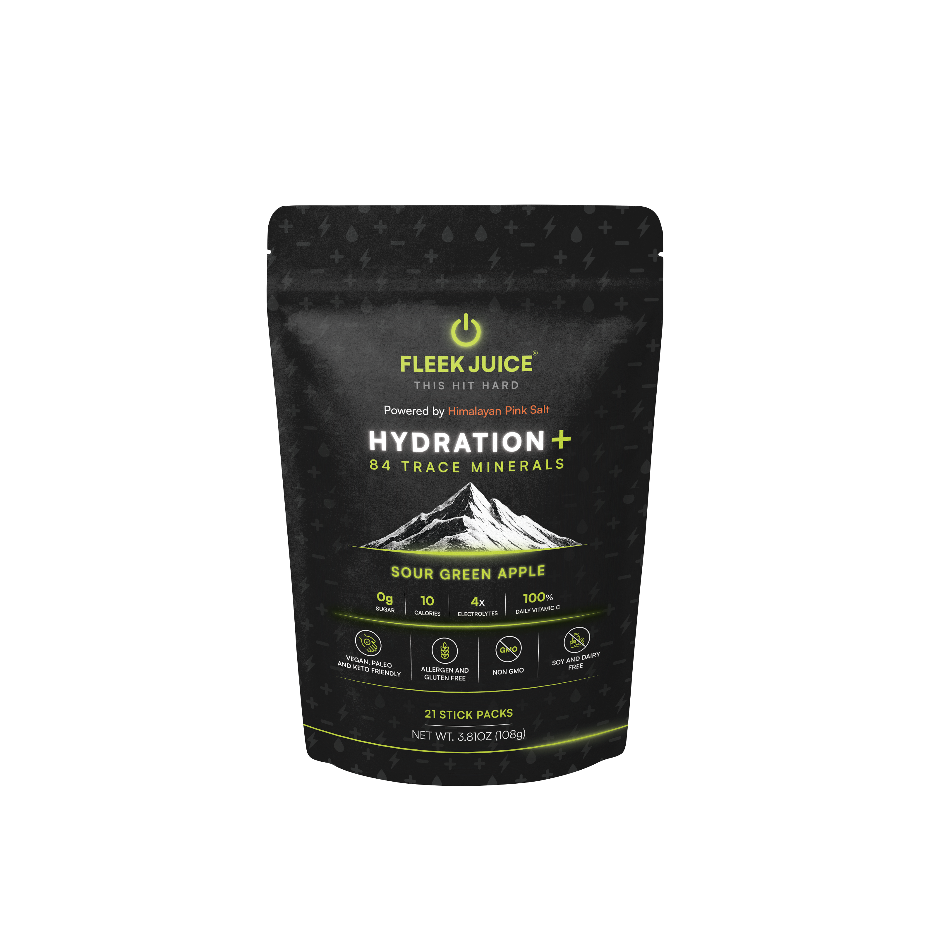 Hydration supplement powder bag, sour green apple flavor, with minerals and Himalayan pink salt