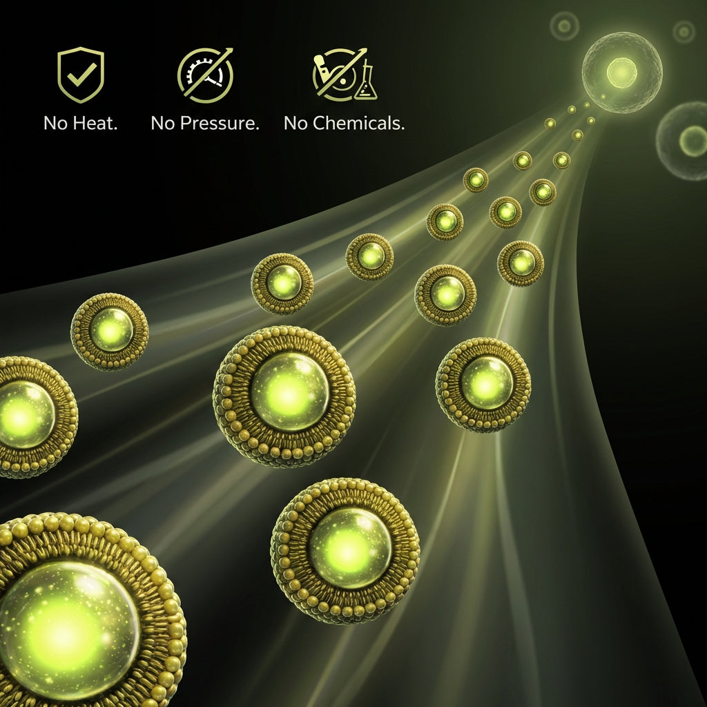 Phospholipid liposome illustration with glowing cores, labeled no heat, pressure, or chemicals.