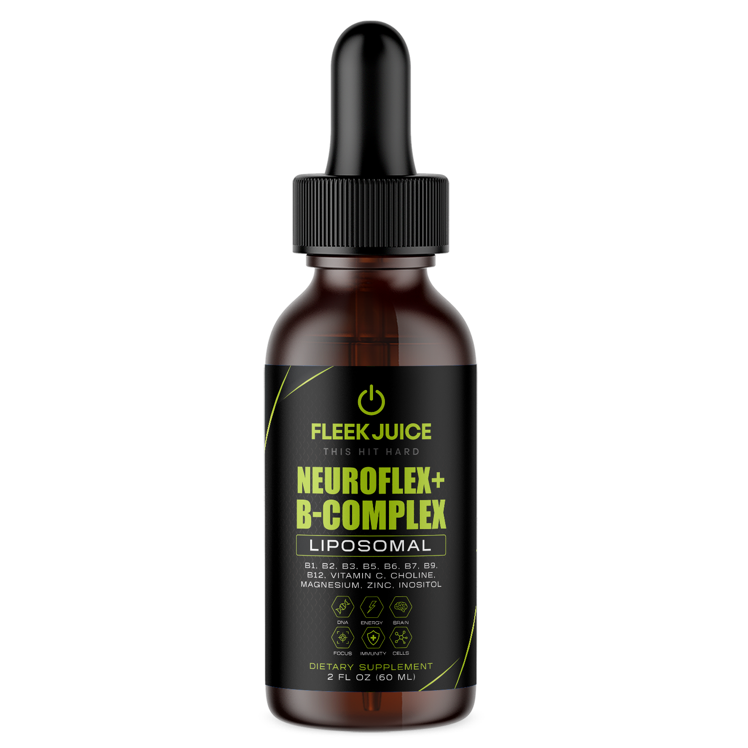 Brown dropper bottle labeled NeuroFlex+ B-Complex liposomal dietary supplement
