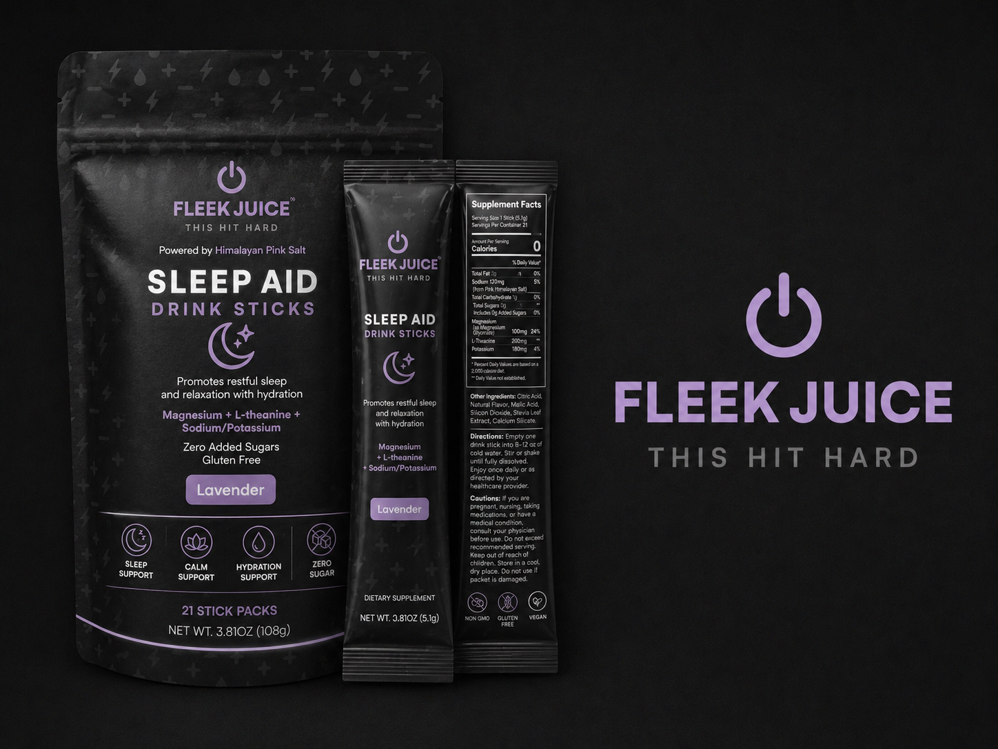 Lavender sleep aid drink sticks packaging with hydration and sleep support claims on black background