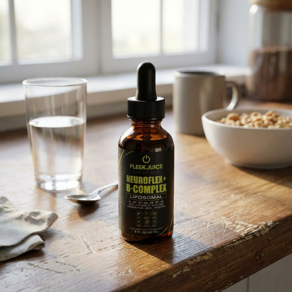 Liposomal NeuroFlex+ B-Complex supplement dropper bottle on a kitchen table with water and cereal