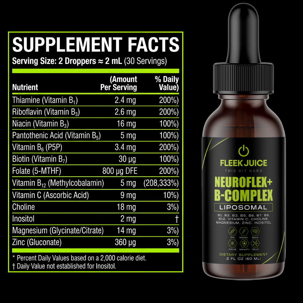 Neuroflex+ B-Complex supplement facts label with vitamins and nutrients list next to dropper bottle