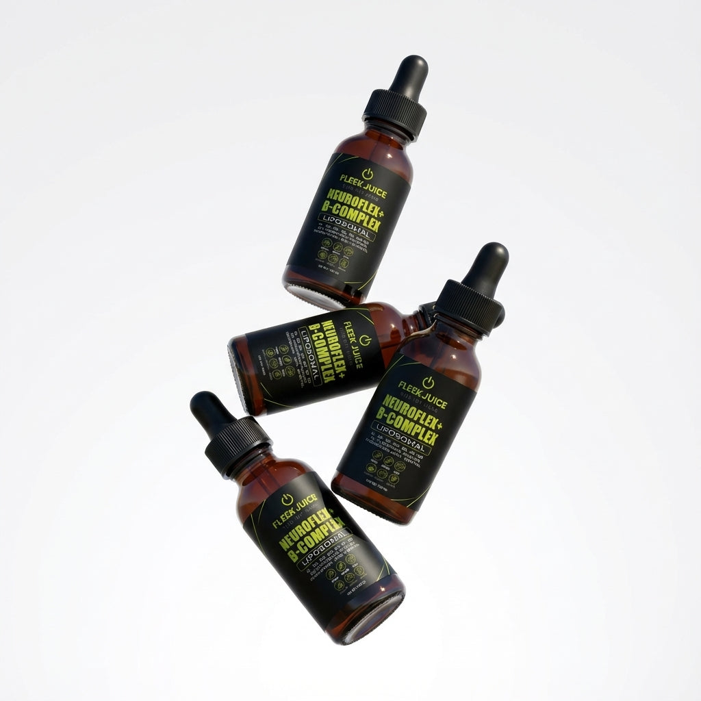 Four Neuroflex+ B-Complex supplement dropper bottles on a light background