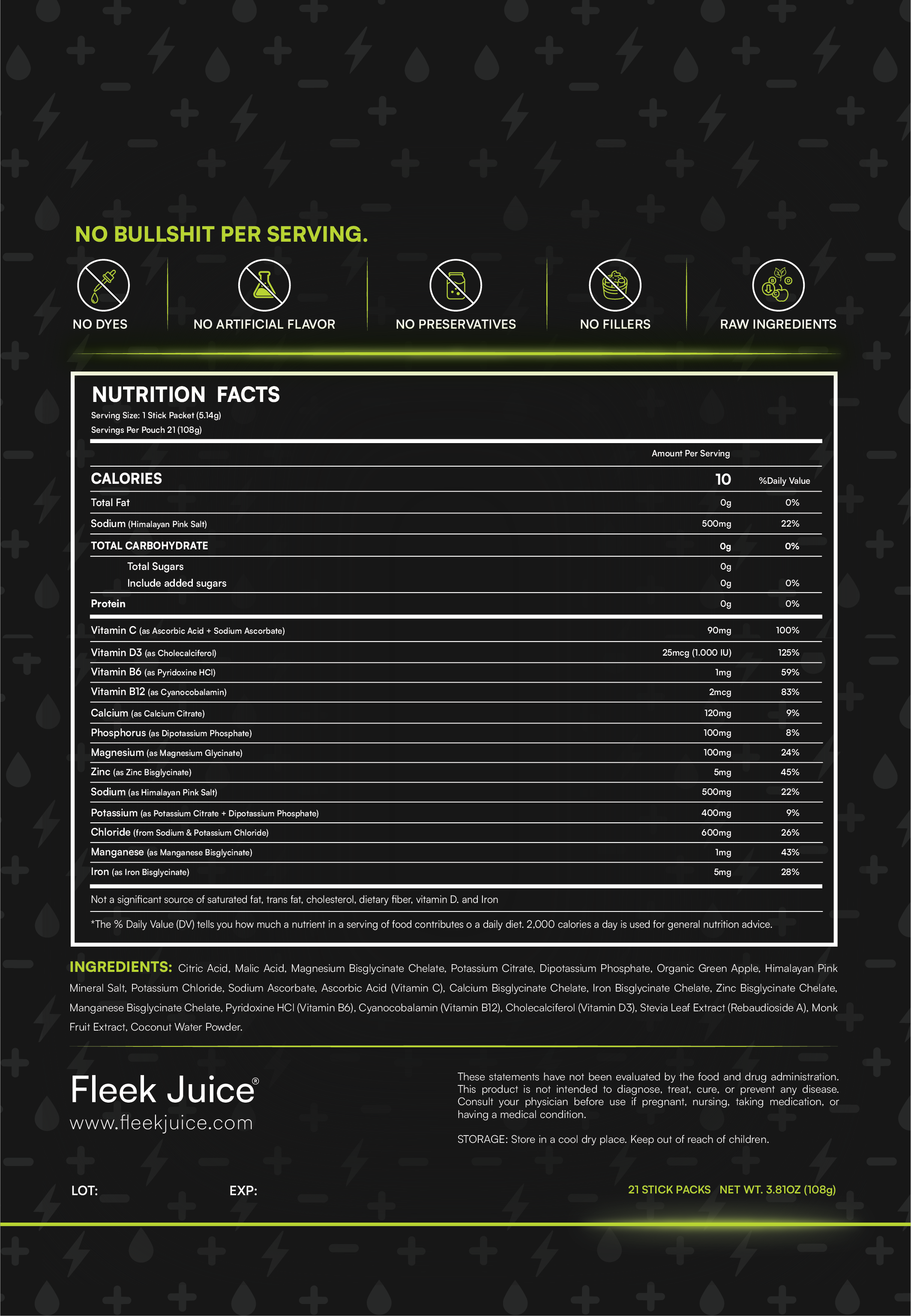 Supplement nutrition facts and ingredient list on black background with icons, energy supplement