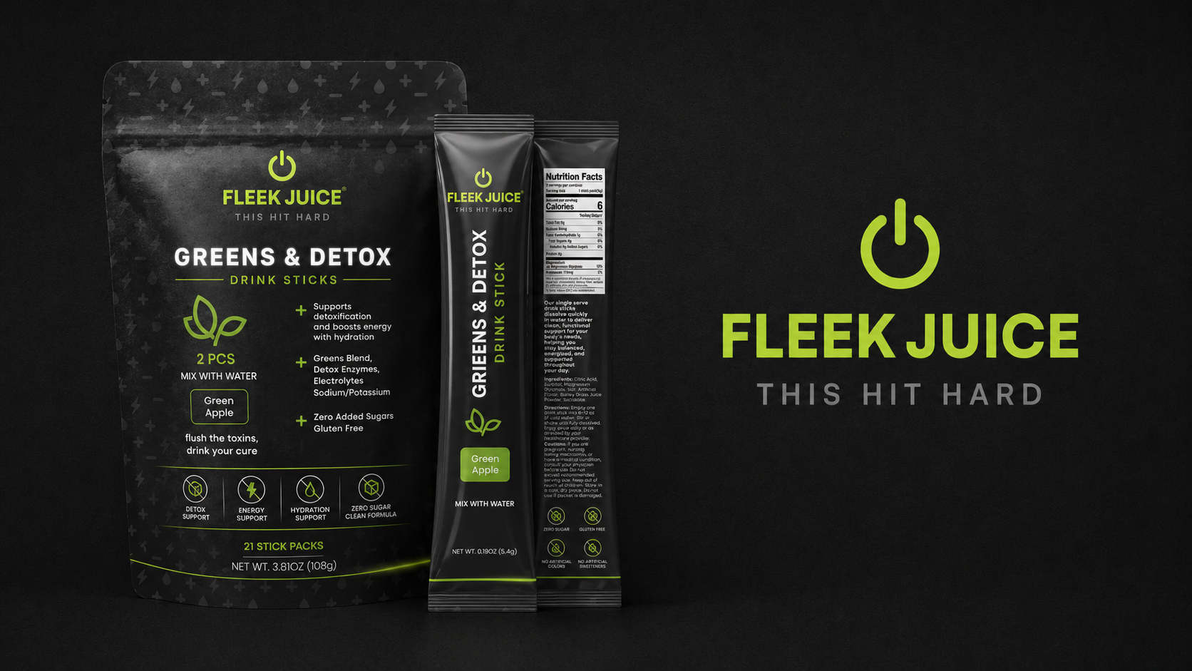 Greens and detox drink sticks package and sachets, green apple flavor, energy and hydration support.