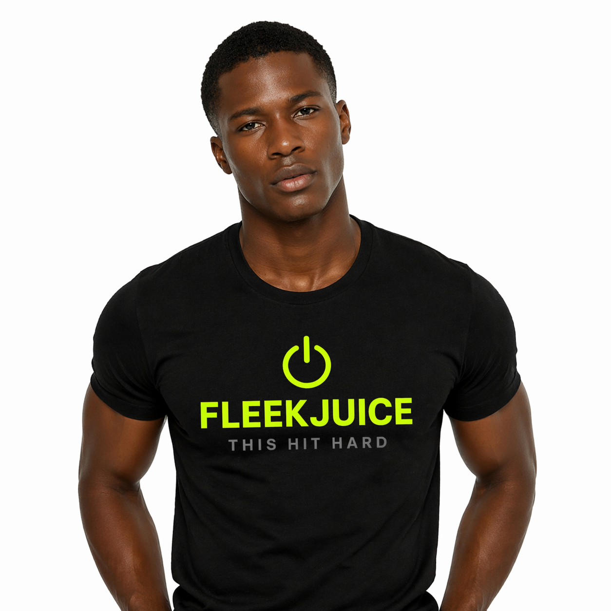 Young man wearing a black FLEEKJUICE logo t-shirt with bold neon green lettering