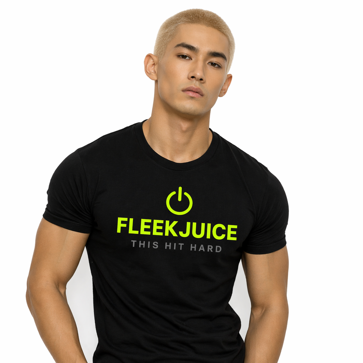 Man wearing black FLEEKJUICE t-shirt with neon logo and text, fitness apparel