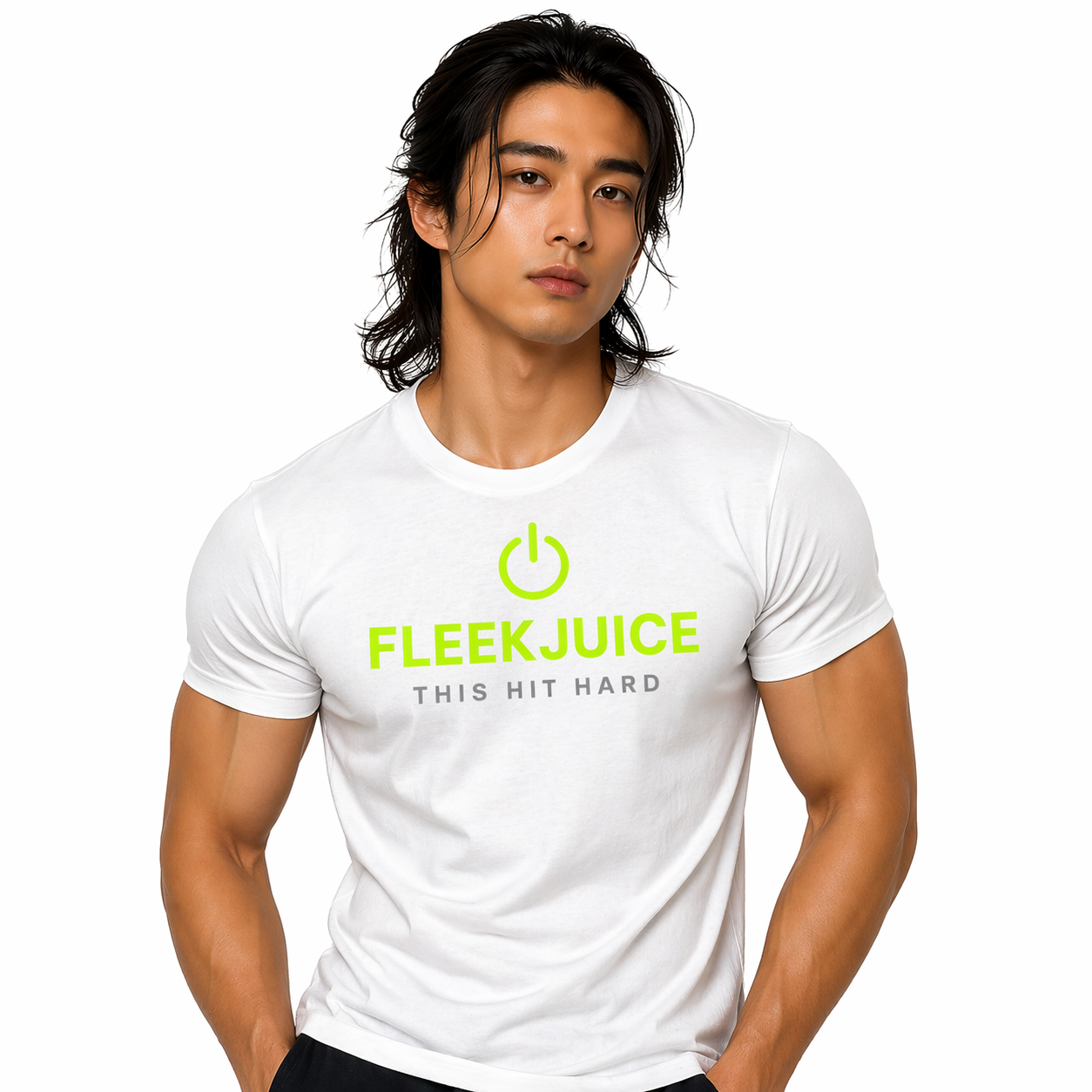 Athletic man in white t-shirt with neon green FLEEKJUICE logo and 'THIS HIT HARD' text