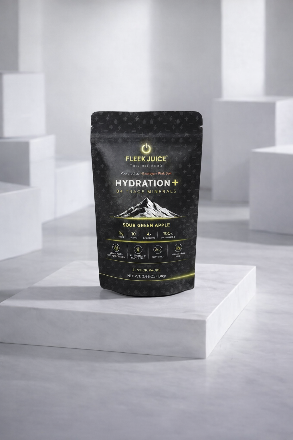 Hydration powder sachets sour green apple flavor with trace minerals on marble podium