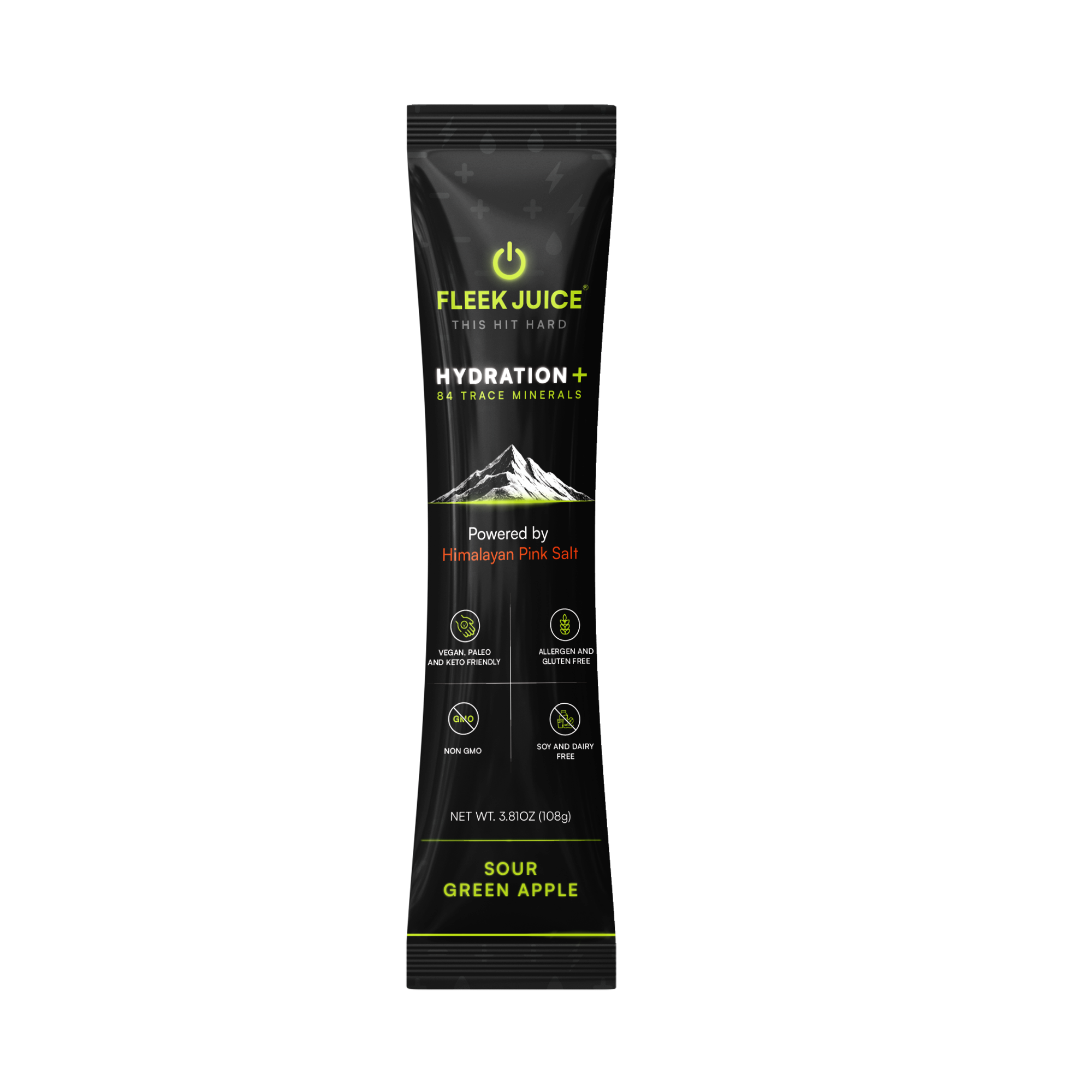 Sour green apple hydration powder stick pack with Himalayan pink salt and trace minerals.