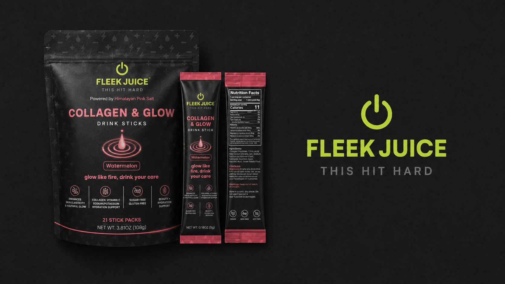 Watermelon flavor collagen and glow drink sticks with black packaging and nutrition info