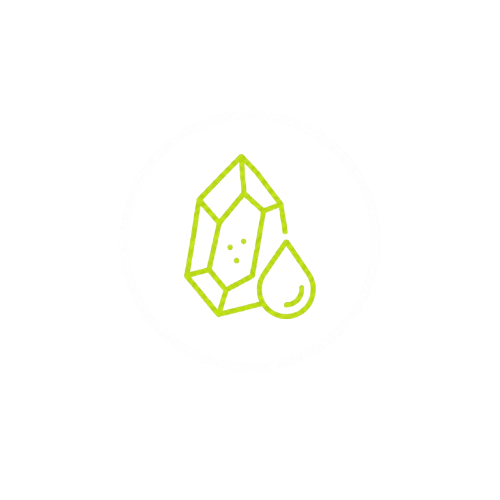 Green line icon of Himalayan pink salt crystal and drop inside a white circle on black