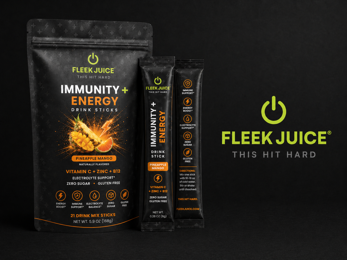 Immunity and energy drink powder sticks in pineapple mango flavor, supplement pouch and single stick.