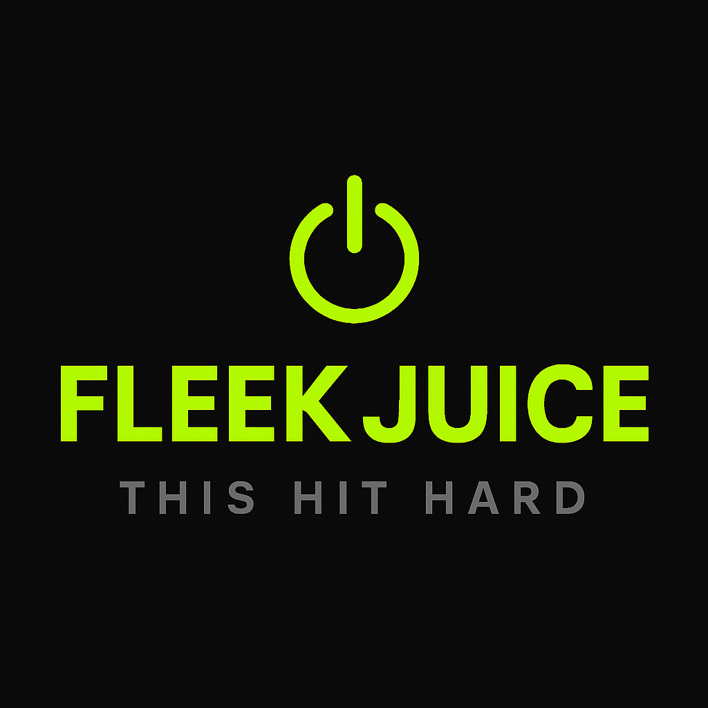Fleek Juice logo with neon green power symbol and tagline 'This Hit Hard' on black background