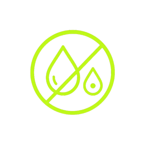 No dye symbol with crossed-out liquid drops in neon green on black background
