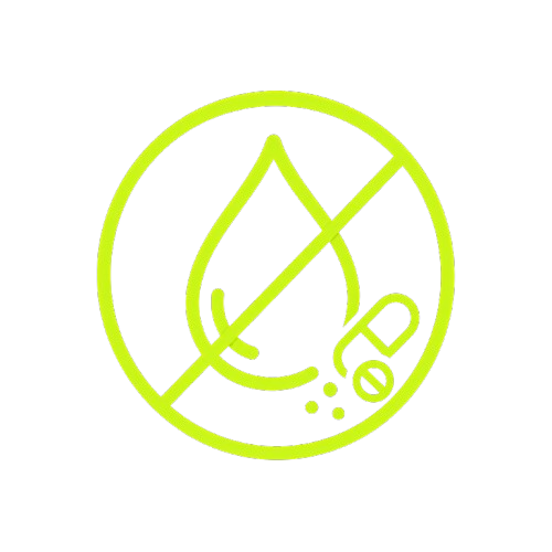 No fillers icon with crossed-out drop and capsule, supplement quality symbol on black background