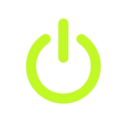 Neon green power button icon with soft glow on a transparent background