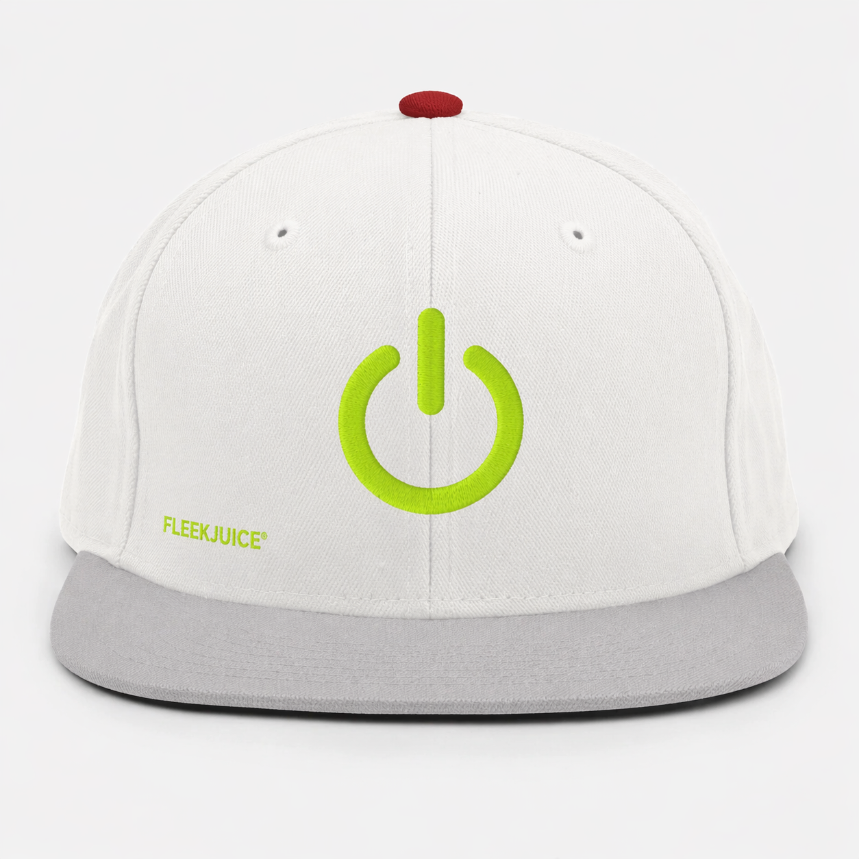White snapback hat with grey brim, lime green power symbol, and red top button