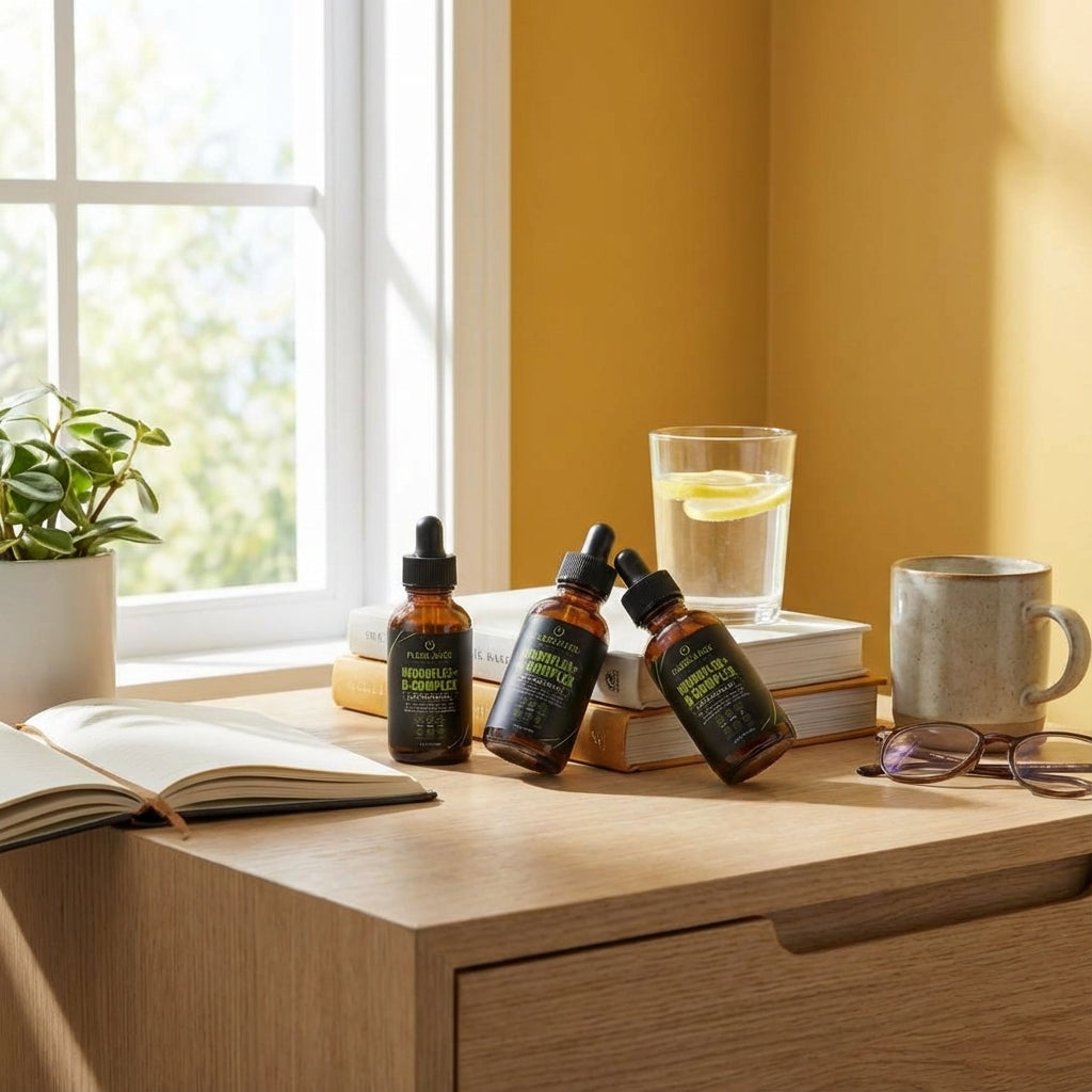 Dietary supplement dropper bottles on wooden desk with books, water, plant, and sunlight