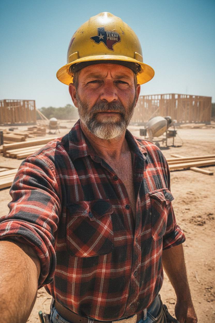 Texas construction worker in hard hat and plaid shirt at summer building site selfie